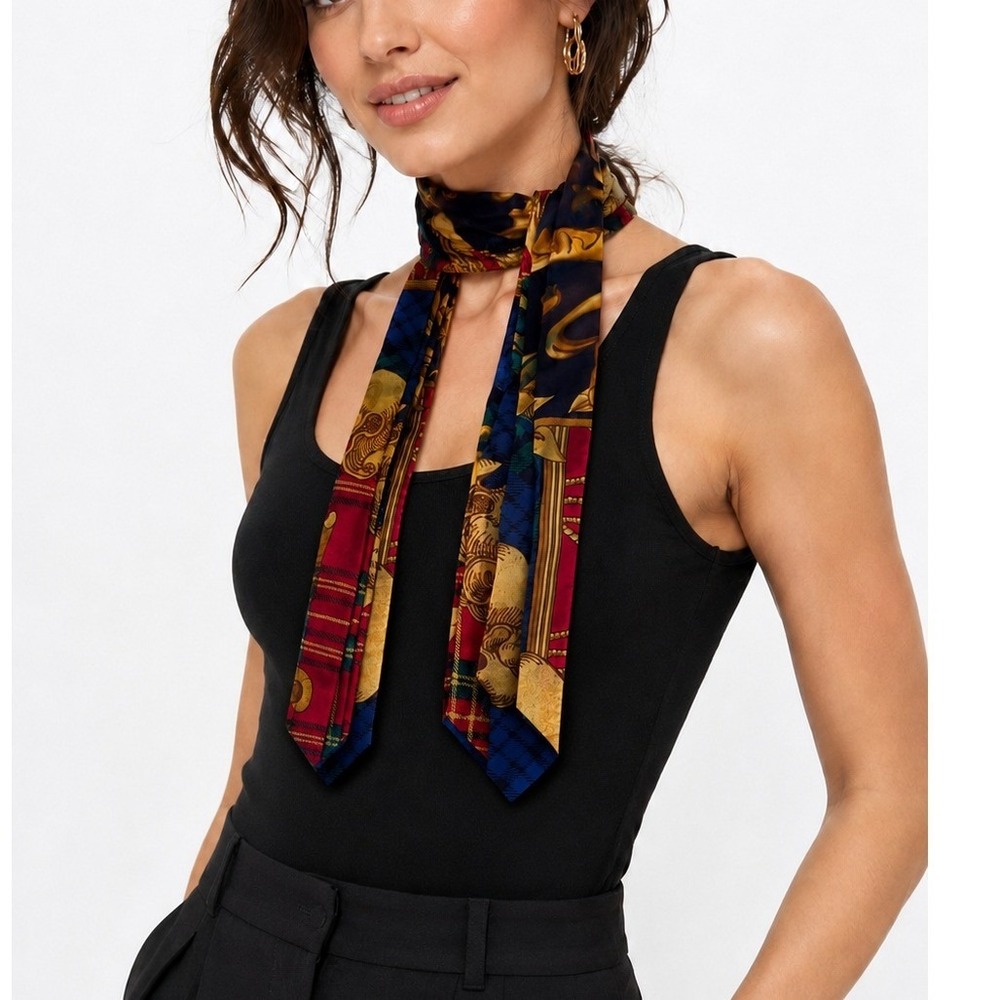 Womens 100% Silk Skinny Scarf Multicolor Baroque Plaid Neck Hair Tie 24x2in Boho